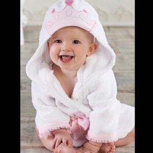 Baby aspen Cozy White Hooded Baby Robe with Pink Princess crown